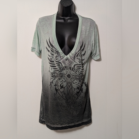 Women's NWT Affliction Mathilda Burnout V Neck T-Shirt Light Green Size XL - Picture 1 of 9
